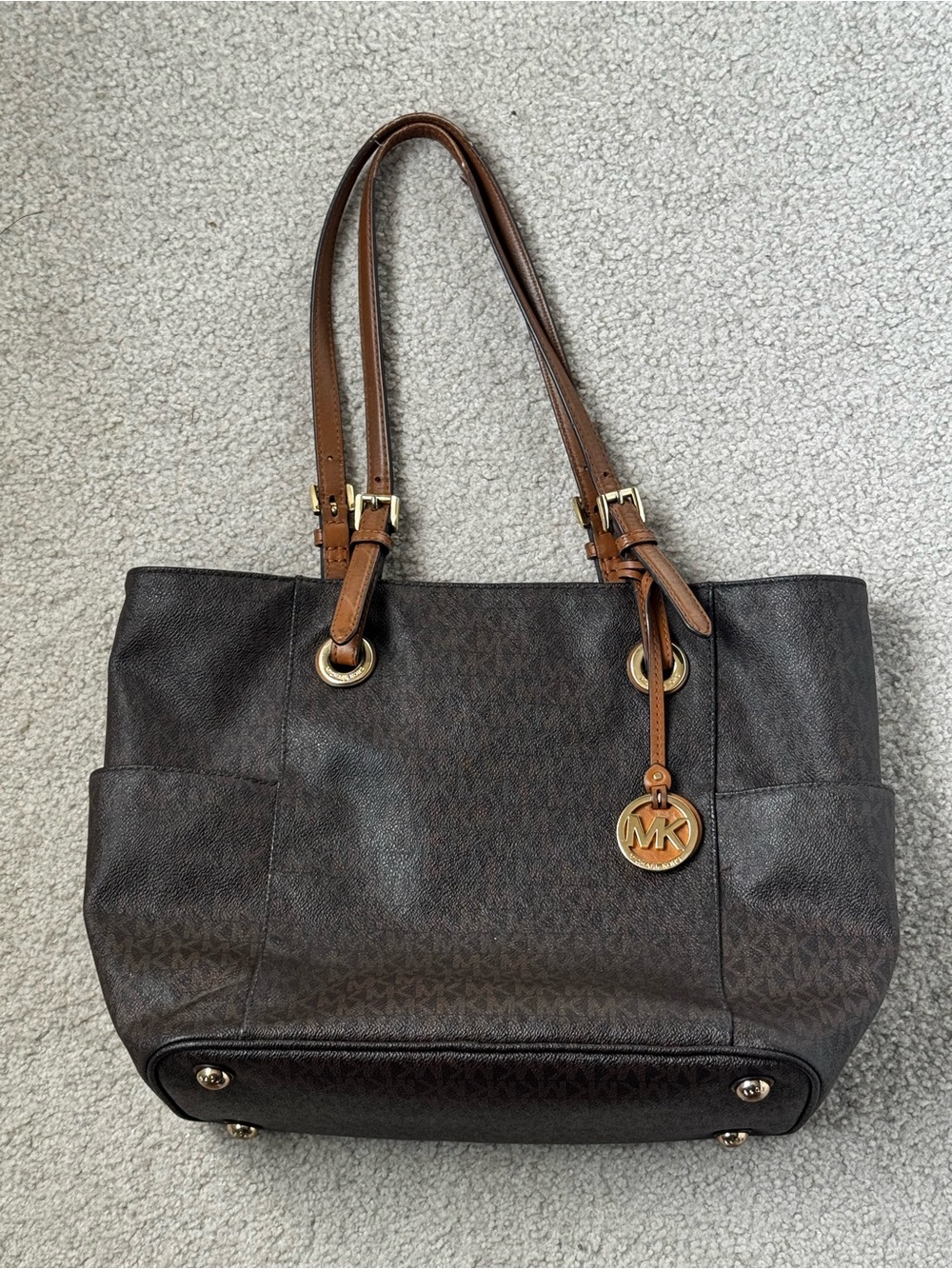 Michael Kors Dark Brown Signature Tote with Tan Straps